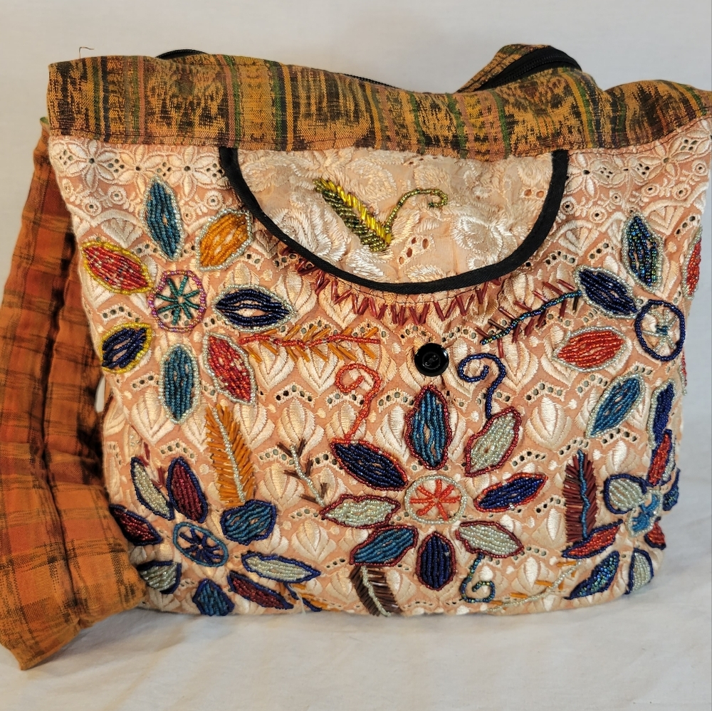 Vintage Boho Patchwork Beaded Slouch Bag Hobo Purse India Batik Pattern 16 x 12